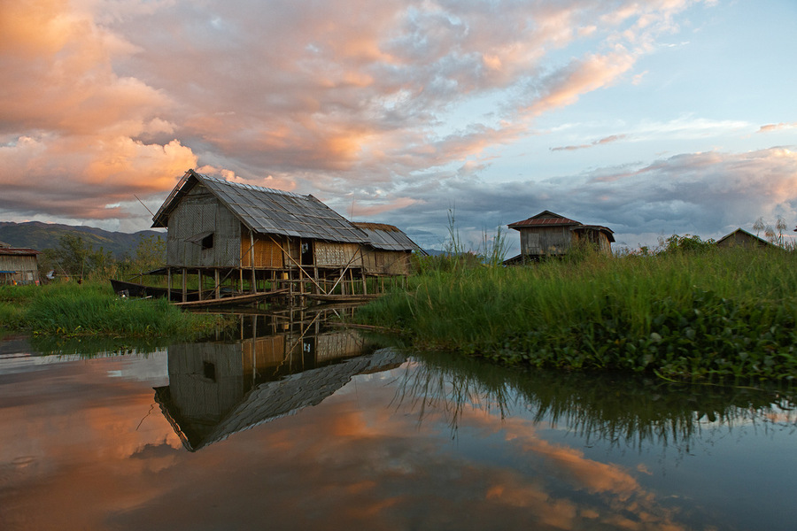 Lac, Inlé, Birmanie, reflets, Village, Flottant, barque
