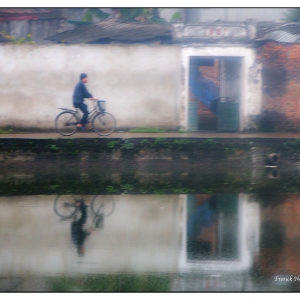 Vietnam, cycliste, brume,reflet