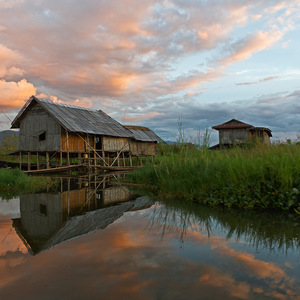 Lac, Inlé, Birmanie, reflets, Village, Flottant, barque