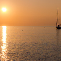 bord de mer, lever de soleil, bateau